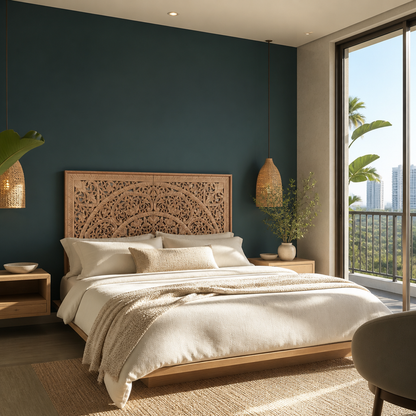 Carved Half Cut Bed Headboard "Sumber" in Natural Brown