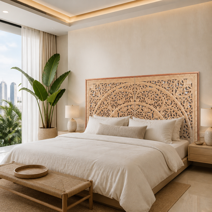 Carved Half Cut Bed Headboard "Sumber" in Natural Brown