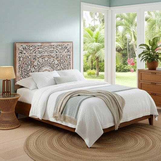 Carved Half Bed Headboard - Sumber Antic Wash - [US-stock]