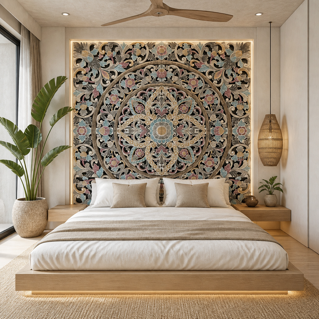 Carved Full Bed Headboard "Ceningan" in Multicolor