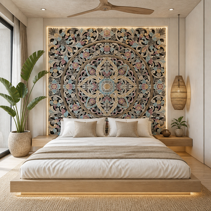Carved Full Bed Headboard "Ceningan" in Multicolor