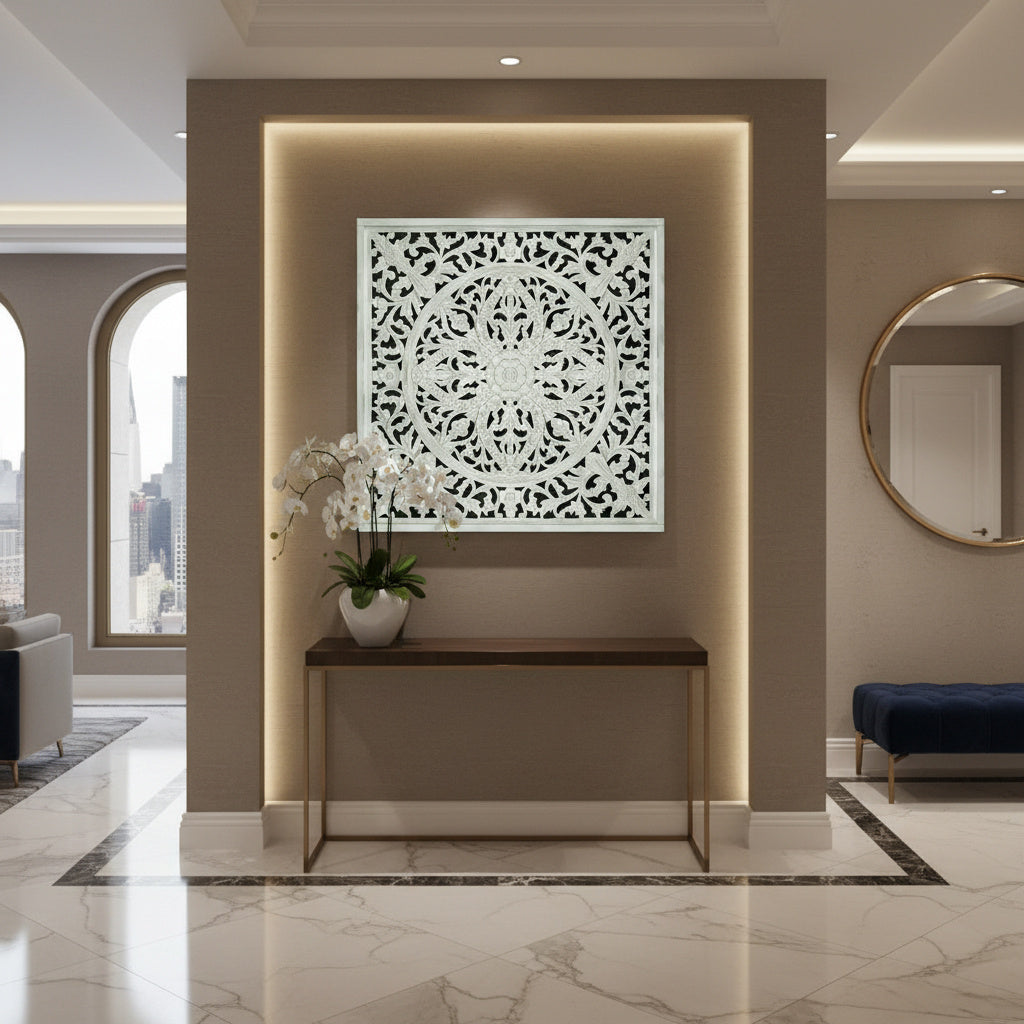 Carved Decorative Panel "Ceningan" - 40x40 inches - White Wash