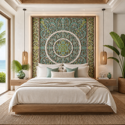 Carved Full Bed Headboard "Emerald" - Multicolor Green