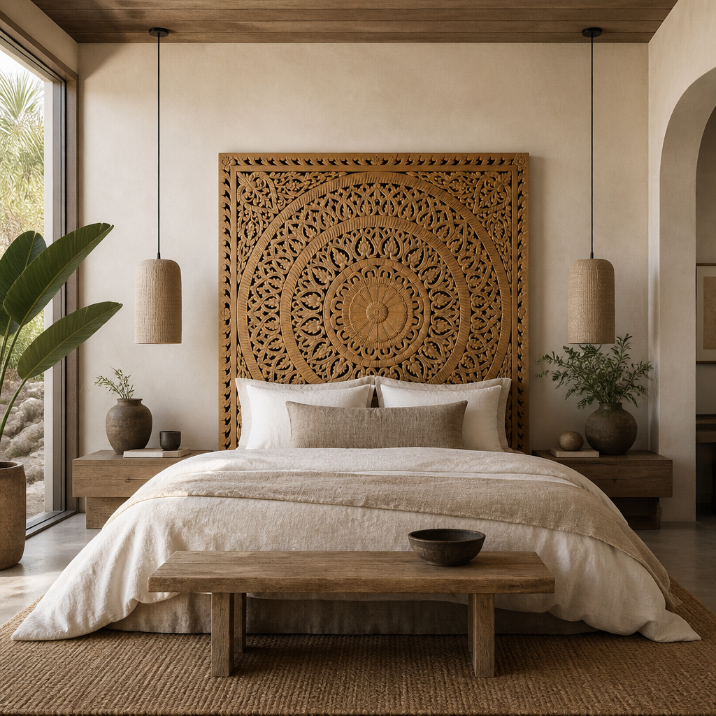 Carved Full Bed Headboard "Embun" - Natural