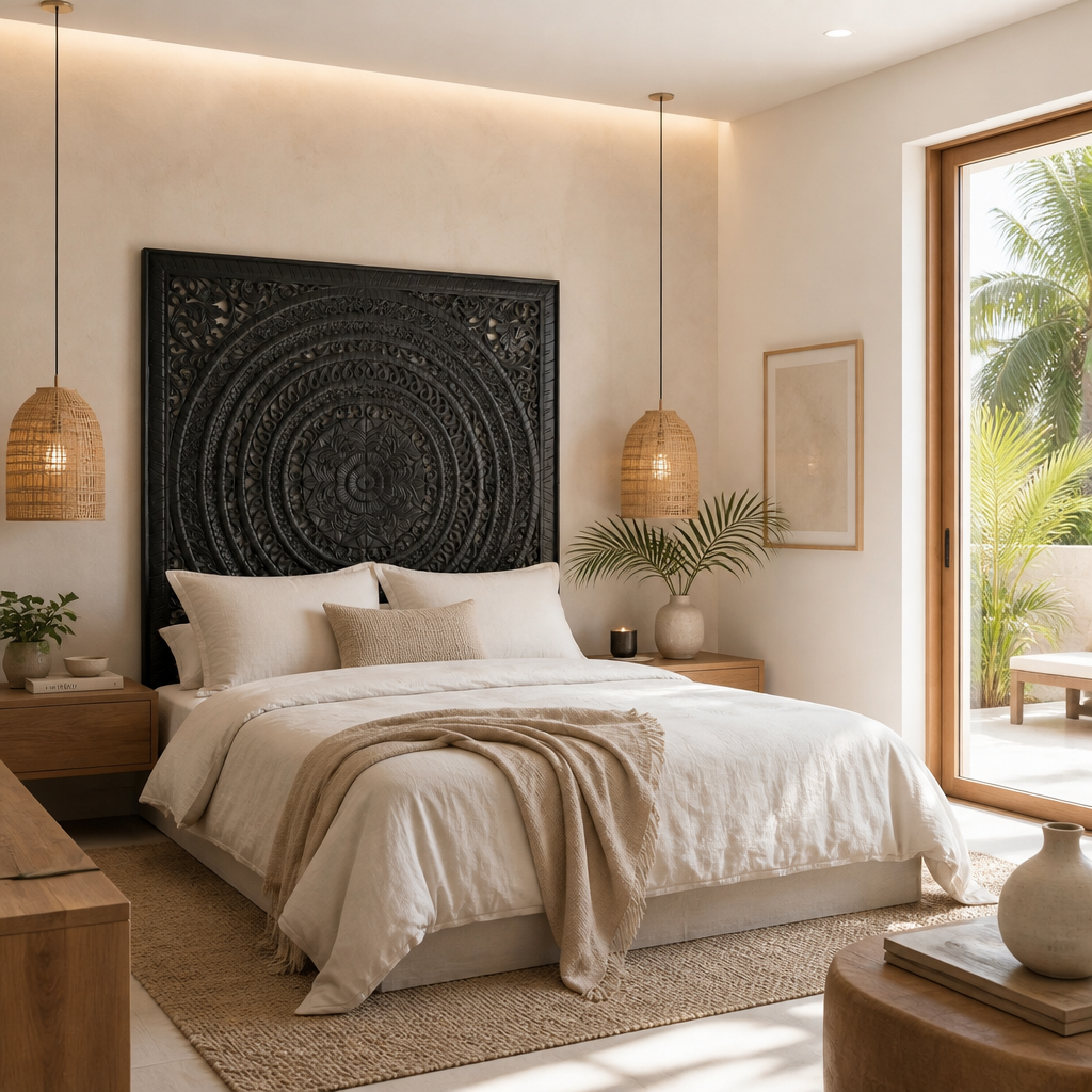 Carved Full  Bed Headboard "Kusuma" in Black