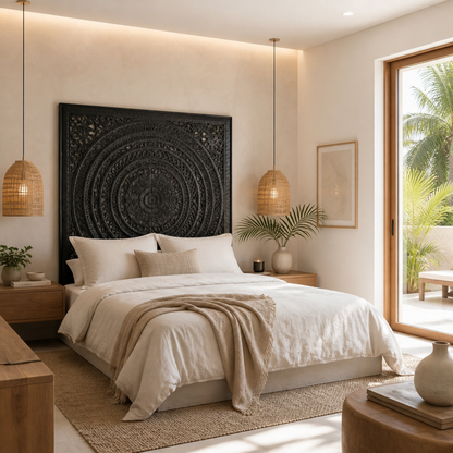 Carved Full  Bed Headboard "Kusuma" in Black