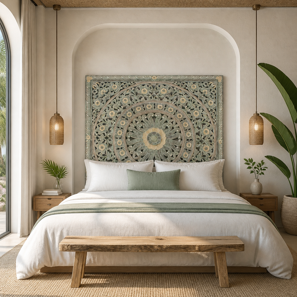 Carved Mandala Full Bed Headboard Dianna - Green