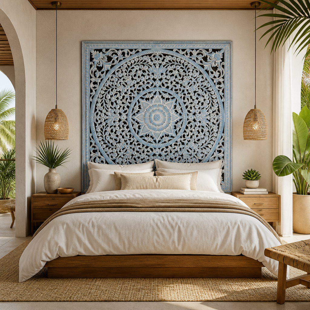 Carved Full Bed Headboard "Peony" - Blue Wash