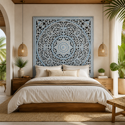 Carved Full Bed Headboard "Peony" - Blue Wash