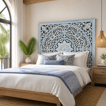 Carved Full Bed Headboard "Peony" - Blue Wash