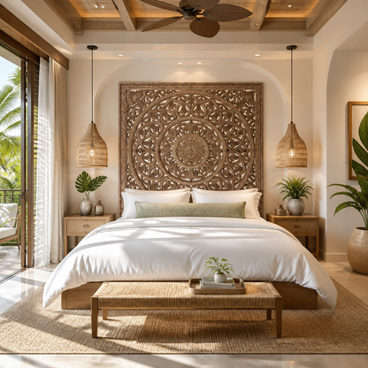 Carved Full Bed Headboard "Sidemen" - Natural Brown