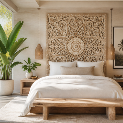 Carved Full Bed Headboard "Jantung" in Antique Wash