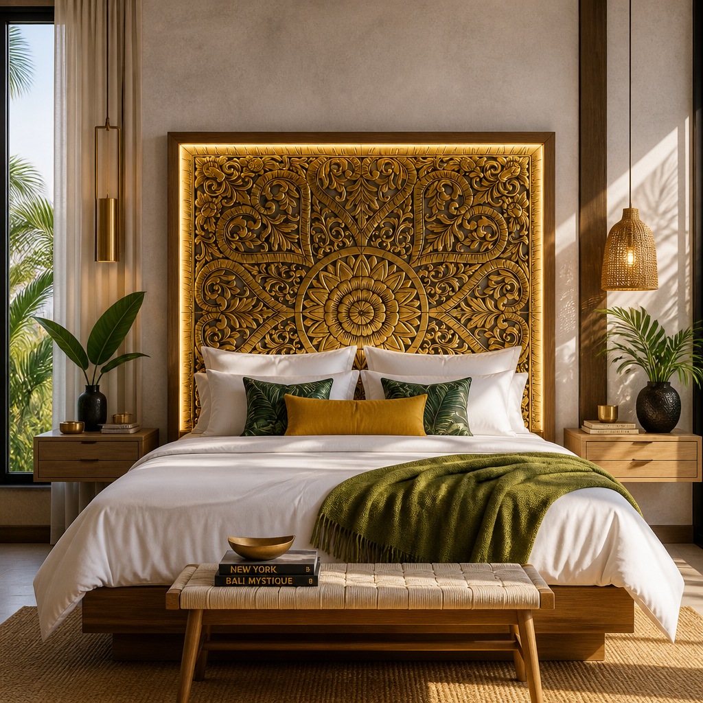 Carved Full Bed Headboard "Jantung" - Gold Antique Wash