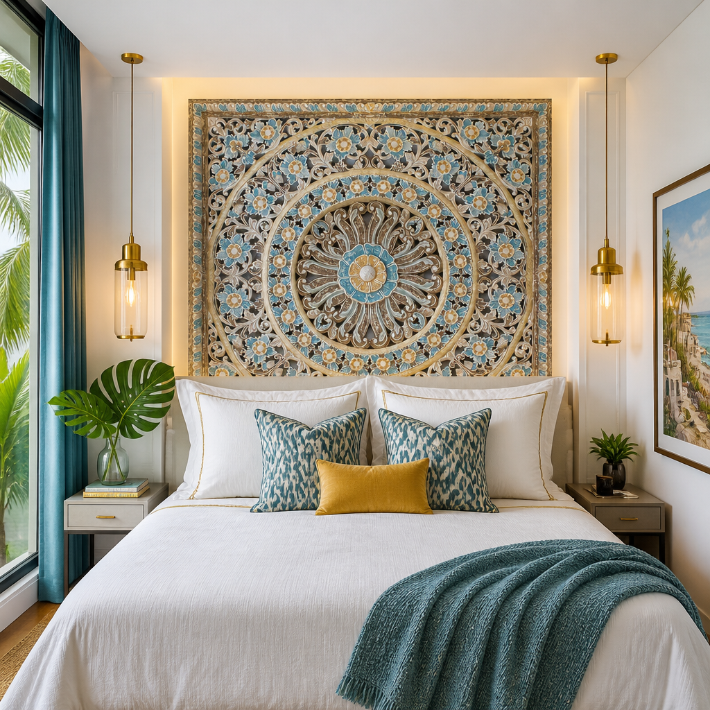 Carved Mandala Full Bed Headboard 'Dianna' in Multicolour Blue