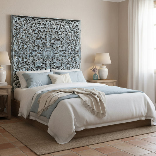 Carved Full  Bed Headboard "Dahayu" - Blue Wash