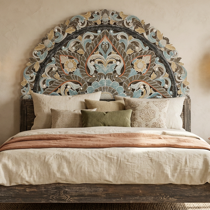 Carved Bed Headboard "Ayunina" - Multicolor Pastel