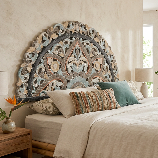 Carved Bed Headboard "Ayunina" - Multicolor Pastel