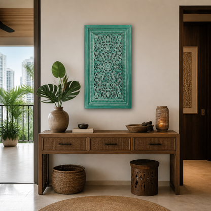 Carved Decorative Panel "Freesia" - Green Wash - 35 x 20 Inches