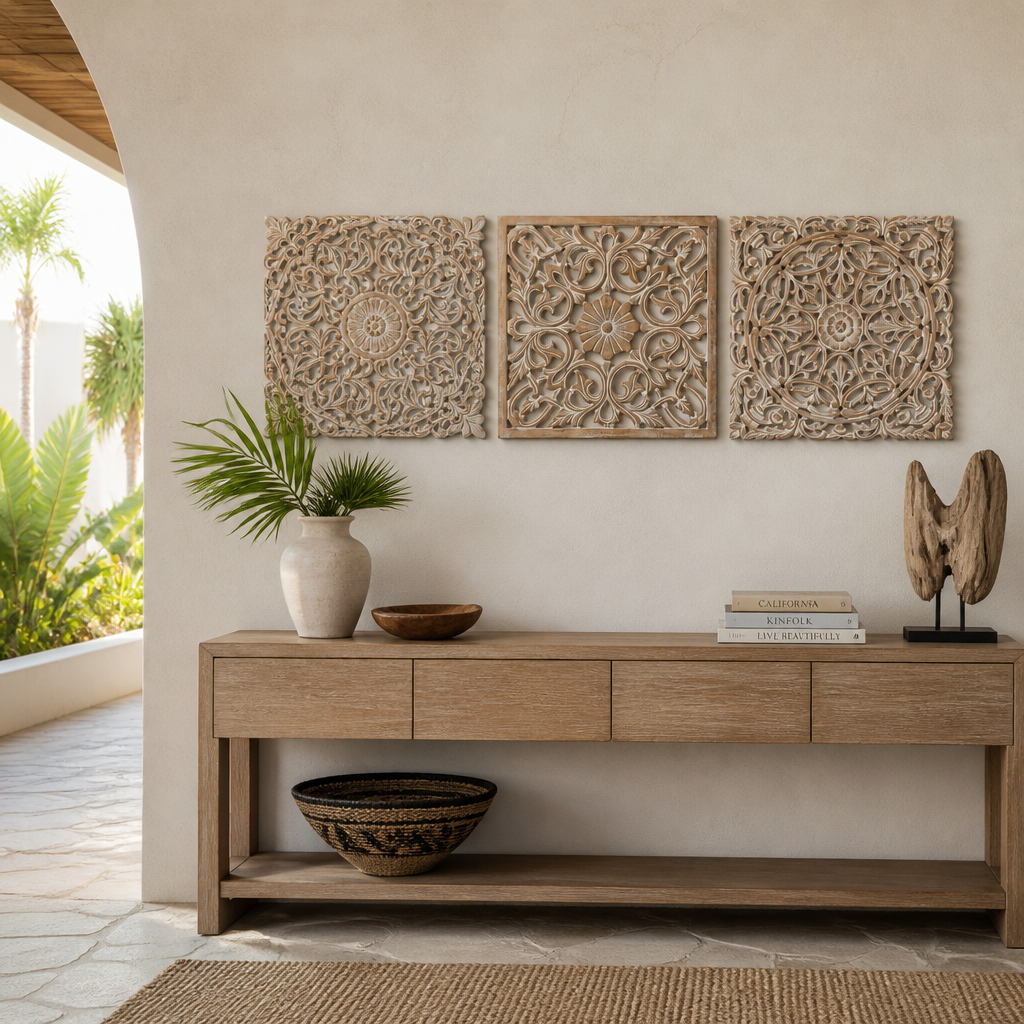 Set of 3 Carved Decorative Panels "Pererenan" in Antique Wash - 20 x 20 Inches