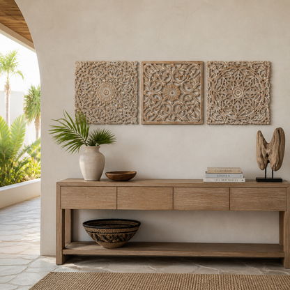 Set of 3 Carved Decorative Panels "Pererenan" in Antique Wash - 20 x 20 Inches
