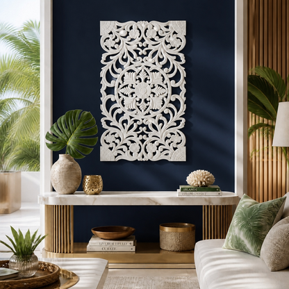 Carved Decorative Panel "Azalea" - White - 40 x 23 Inches