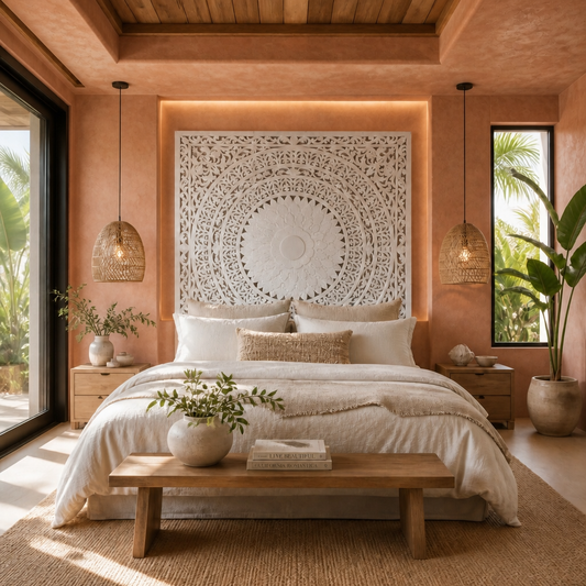 Carved Bed Headboard "Seruni"- White