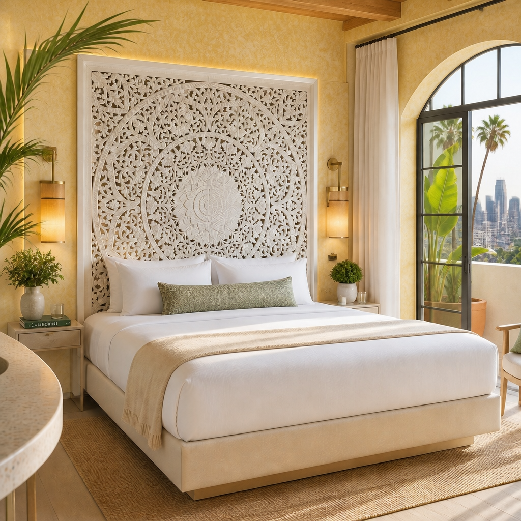 Carved Full Bed Headboard "Manusa" - White Wash