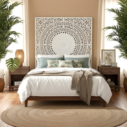 Carved Bed Headboard "Seruni"- White