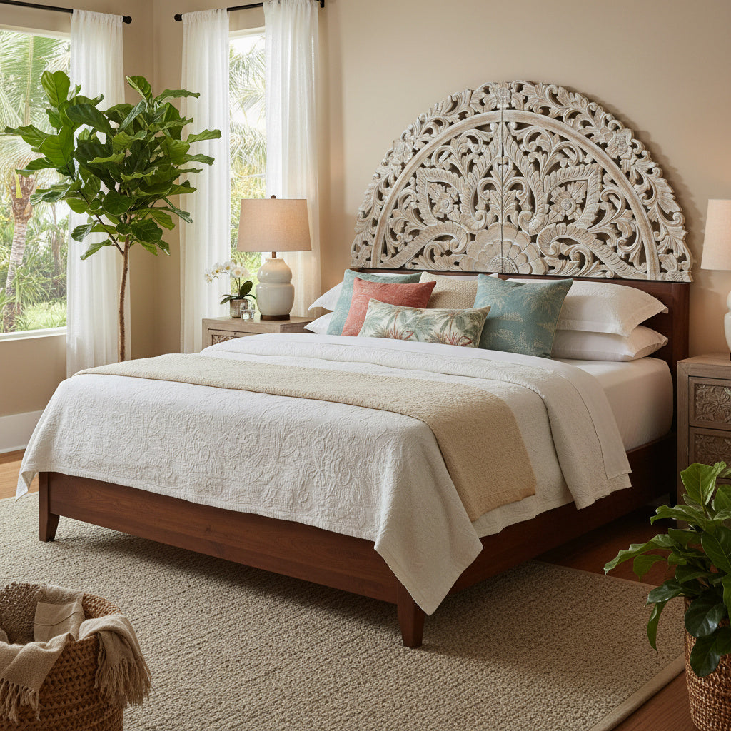 Carved Bed Headboard "Ayunina" - Antic Wash