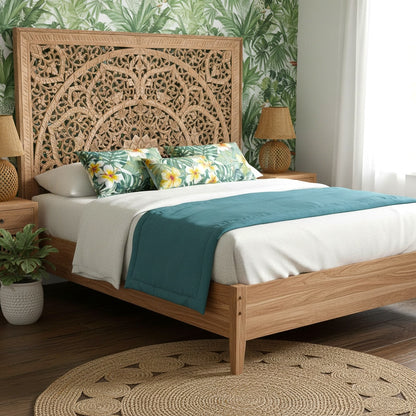 Carved Half Cut Bed Headboard "Sumber" in Natural Brown