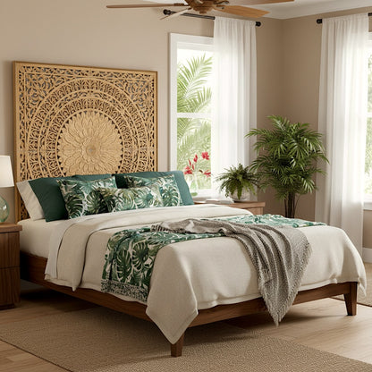 Carved Bed Headboard "Seruni" - Natural Brown