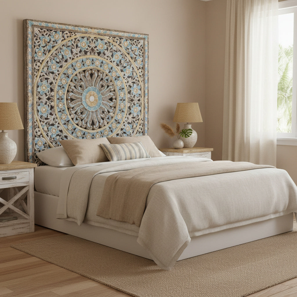 Carved Mandala Full Bed Headboard 'Dianna' in Multicolor Blue