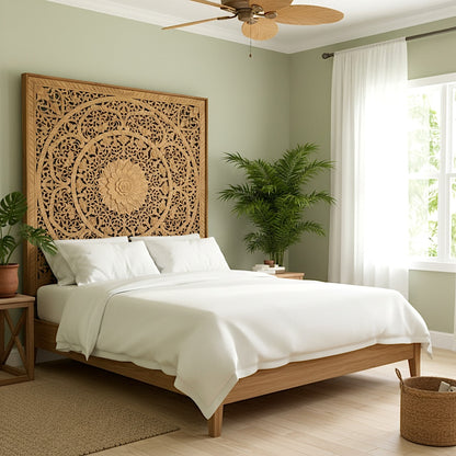 Carved Bed Headboard "Manusa" - Natural Brown
