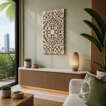 Carved Decorative Panel "Azalea" - Gold Antic Wash - 40 x 23 Inches