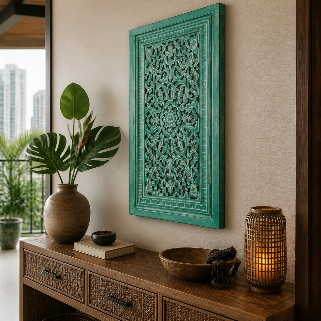 Carved Decorative Panel "Freesia" - Green Wash - 35 x 20 Inches