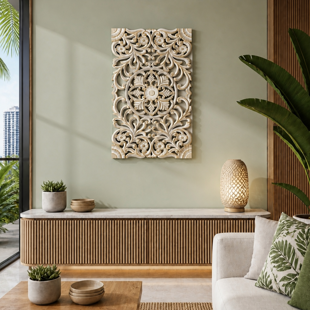 Carved Decorative Panel "Azalea" - Gold Antic Wash - 40 x 23 Inches