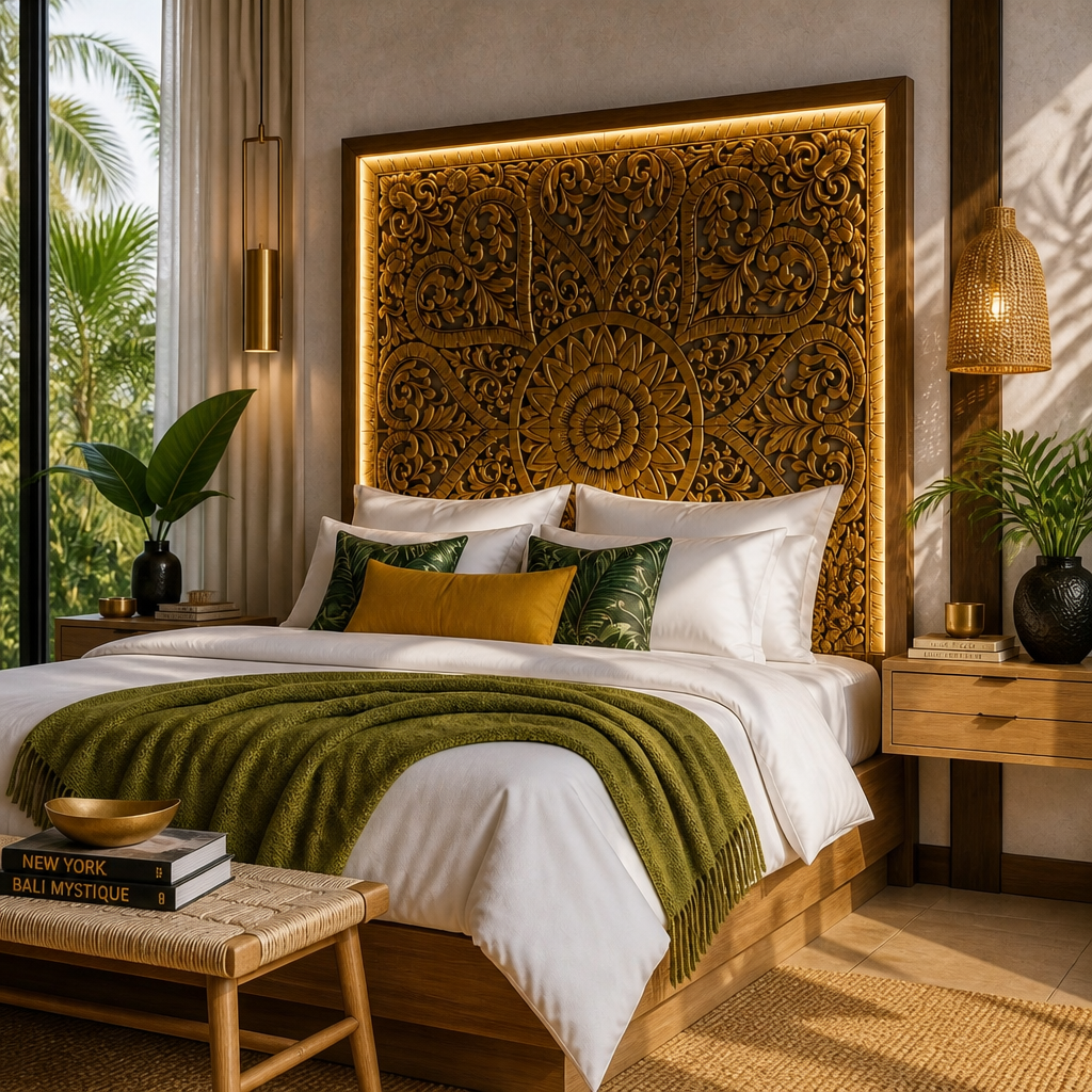 Carved Full Bed Headboard "Jantung" - Gold Antique Wash