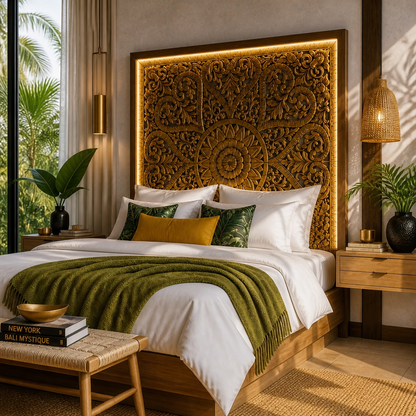 Carved Full Bed Headboard "Jantung" - Gold Antique Wash