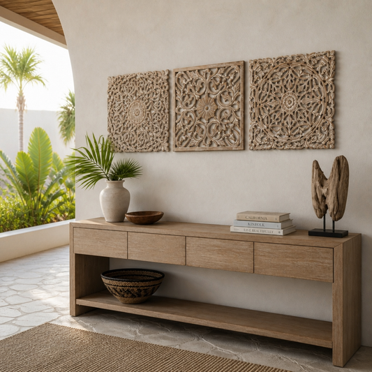 Set of 3 Carved Decorative Panels "Pererenan" in Antique Wash - 20 x 20 Inches