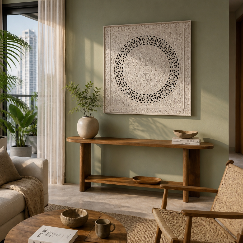 Carved Decorative Panel "Hati" - White Wash - 40 Inches