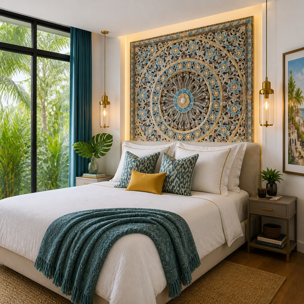 Carved Mandala Full Bed Headboard 'Dianna' in Multicolour Blue