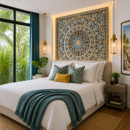 Carved Mandala Full Bed Headboard 'Dianna' in Multicolour Blue