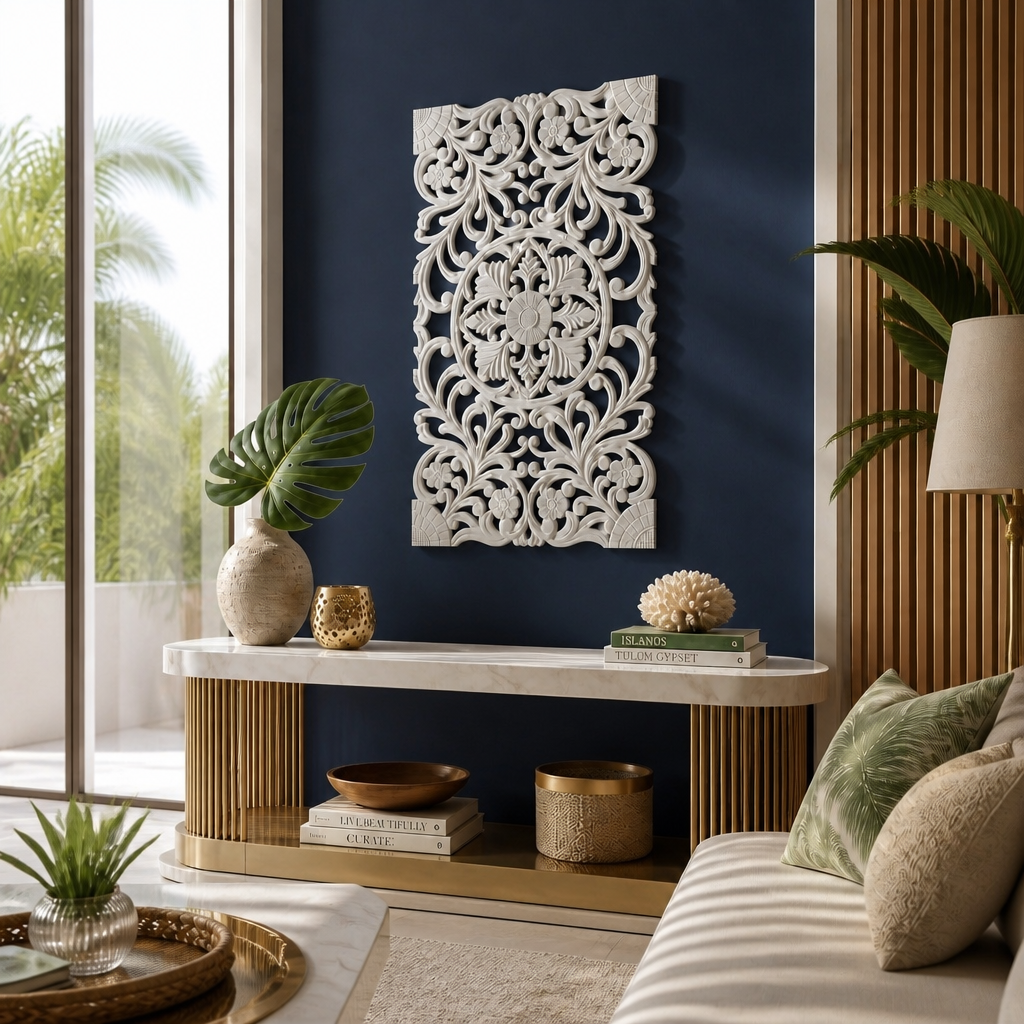 Carved Decorative Panel "Azalea" - White - 40 x 23 Inches