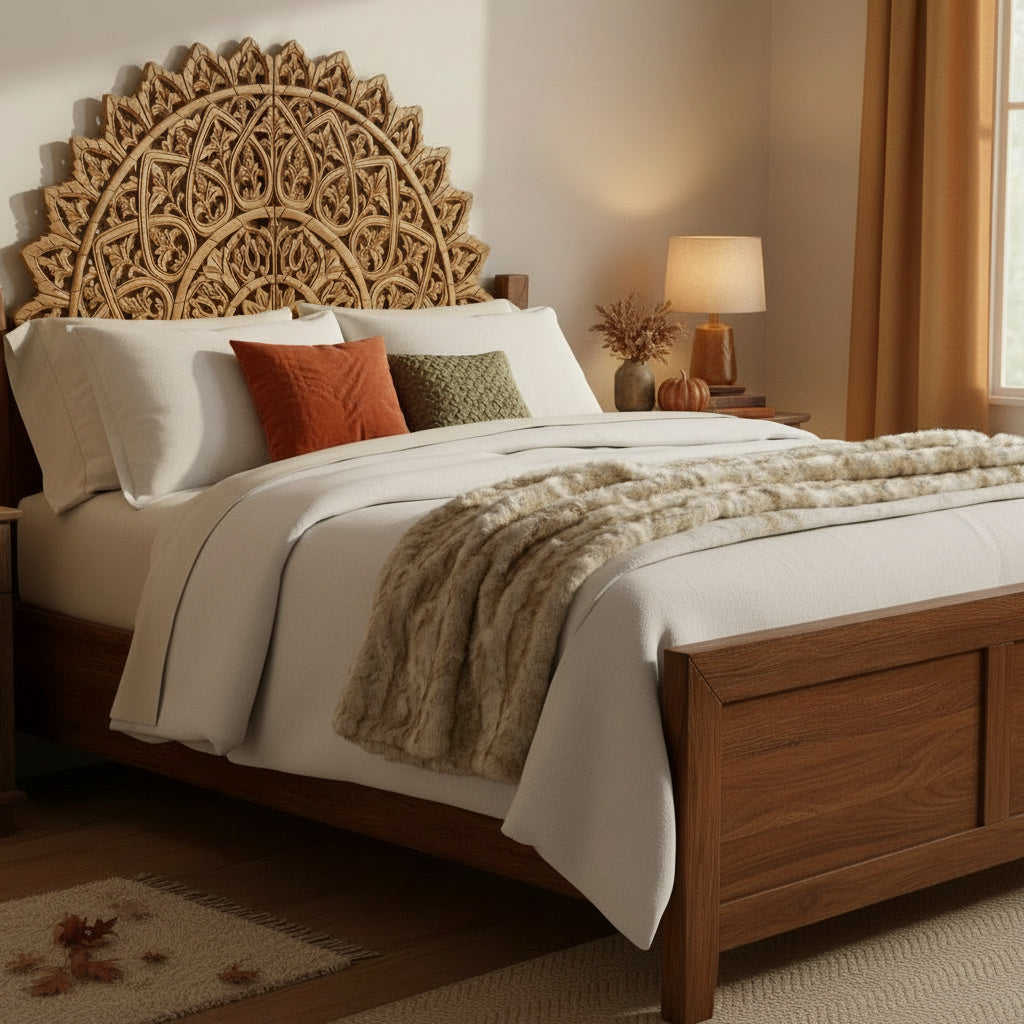 Carved Bed Headboard "Mahkota" - Natural Brown