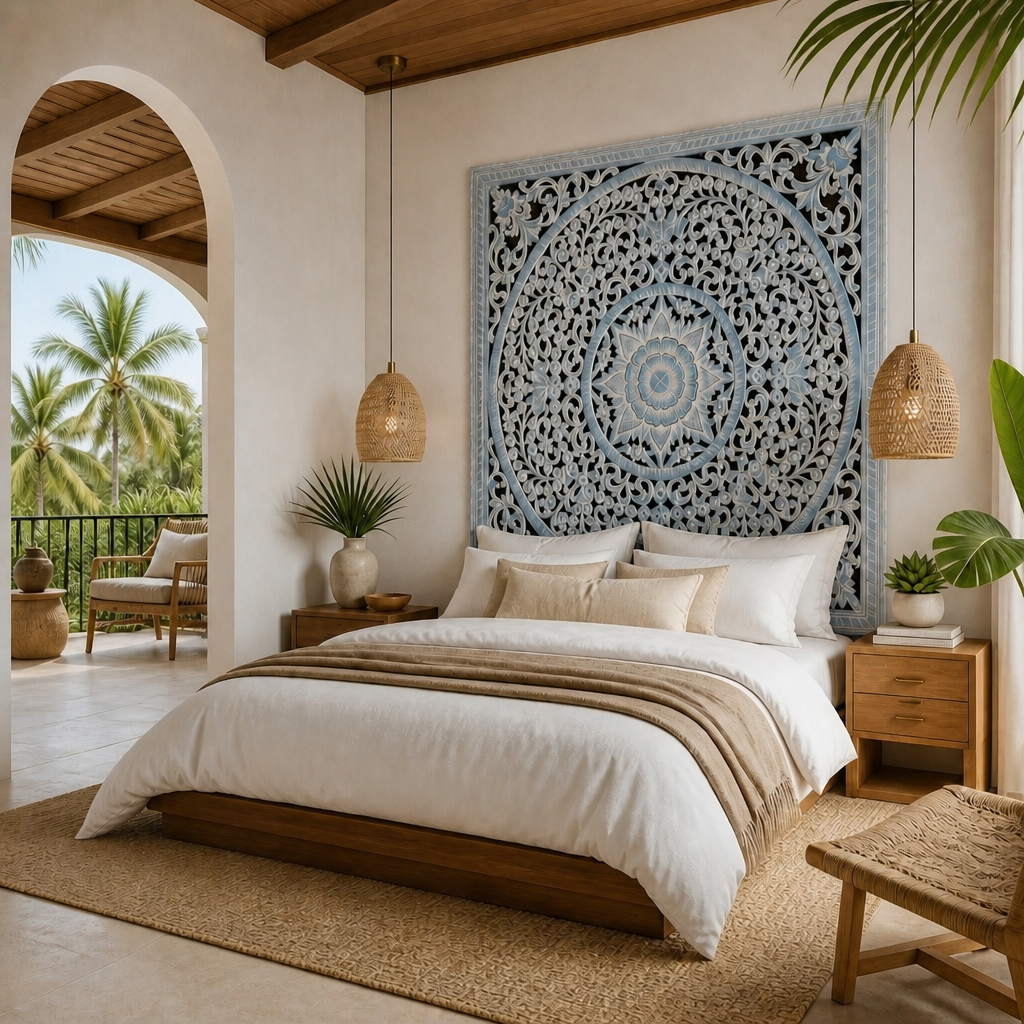 Carved Full Bed Headboard "Peony" - Blue Wash