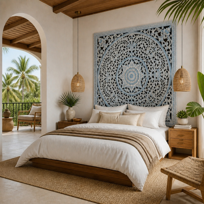 Carved Full Bed Headboard "Peony" - Blue Wash