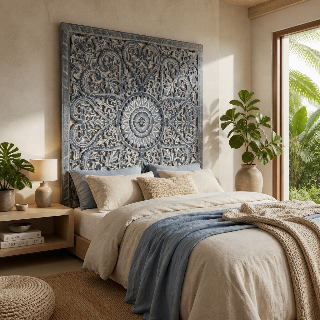 Carved Full Bed Headboard "Jantung" - Navy Blue Wash
