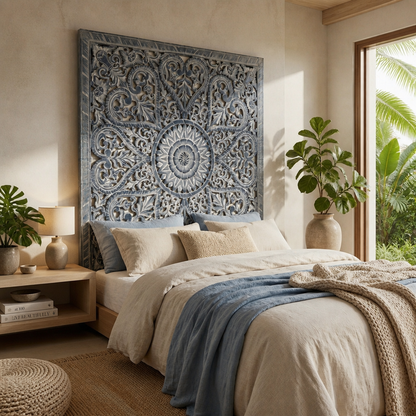 Carved Full Bed Headboard "Jantung" - Navy Blue Wash