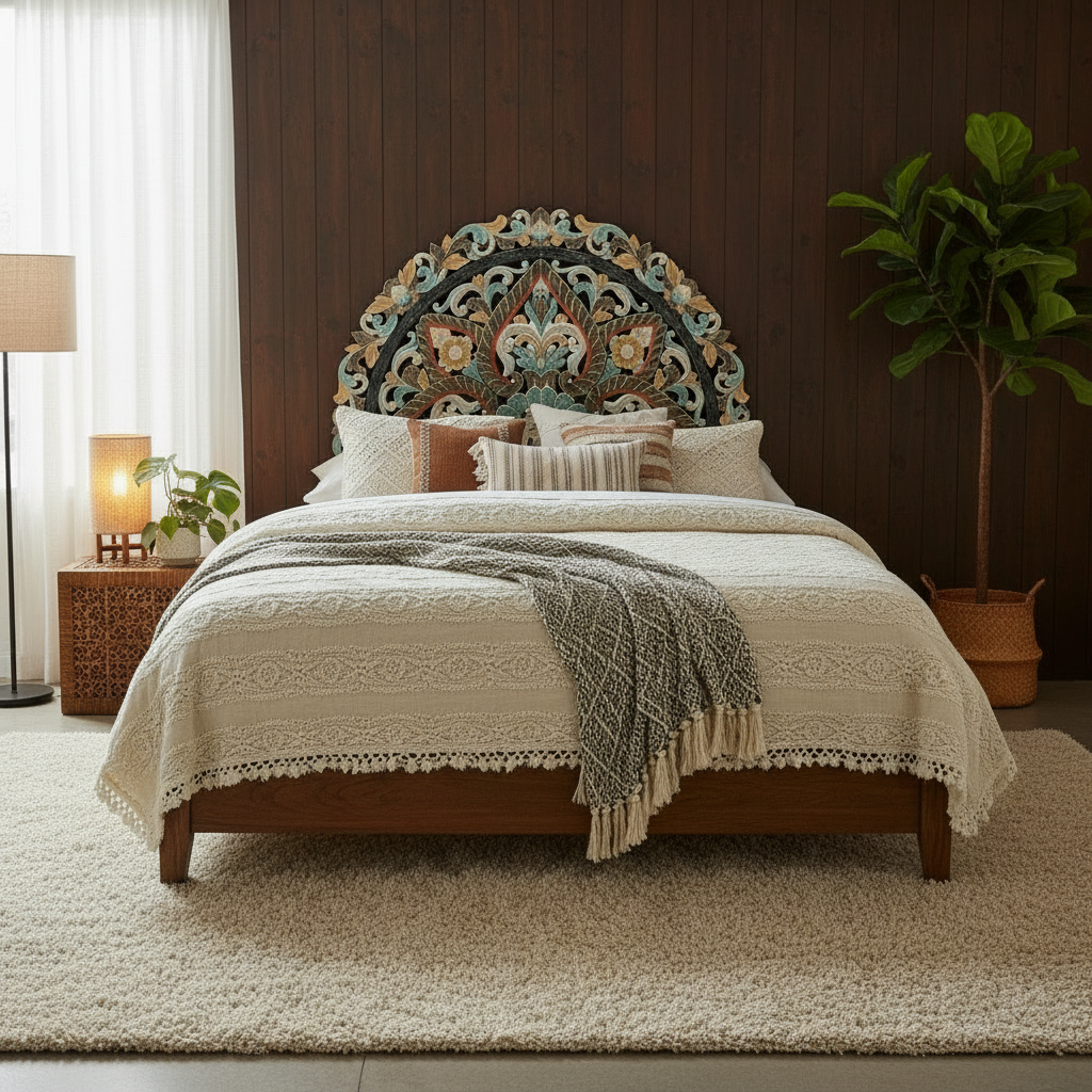 Carved Bed Headboard "Ayunina" - Multicolor Pastel