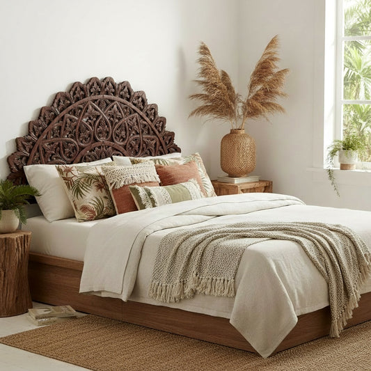 Carved Bed Headboard "Mahkota" - Burgundy Brown